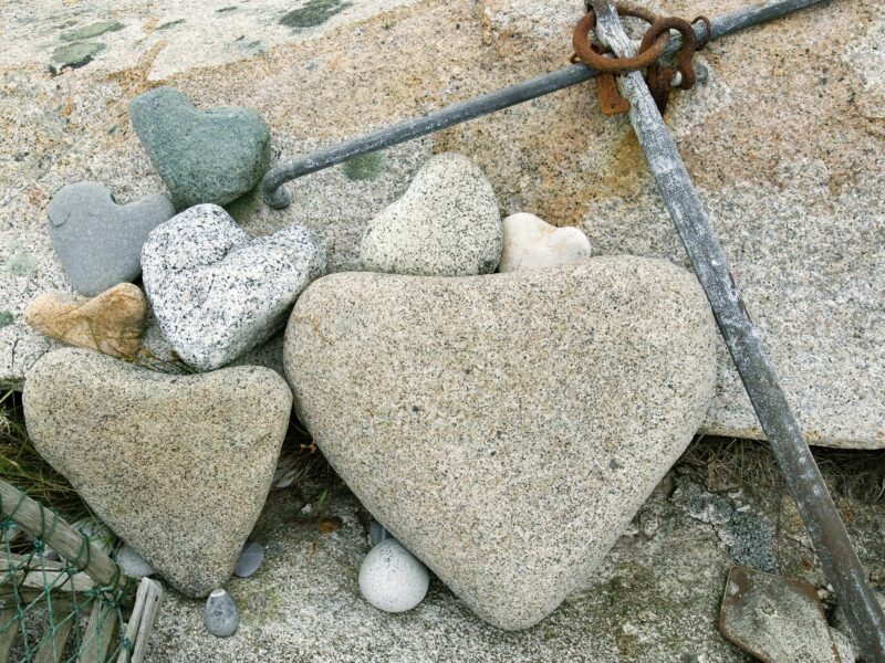 Heart-shaped stones gathered together on the shore